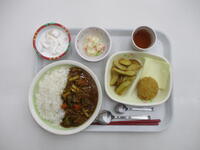 トッピングカレー（麦ごはん・メンチカツ・チーズ・ポテトフライ）、ポテトサラダ、フルーツヨーグルト、